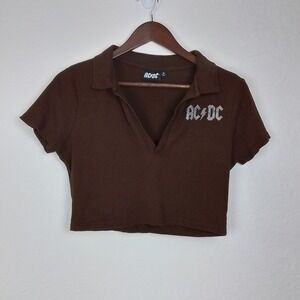 AC/DC Band Crop Polo Shirt Brown‎ Ribbed Knit V-Neck Tee M Official 2022 Merch